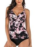 VECENEY Tankini Swimsuits for Women Two Piece Bathing Suits Cutout Criss Cross Swimsuit V Neck Swimwear Floral Black Pink XL