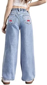 WDIRARA Girl's Bow Print Back Zipper Fly Elastic High Waist Denim Pants Basic Wide Leg Jeans Cherry Blue 12Y