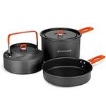 Odoland Camping Outdoor Cookware Mess Kit, Portable Camping Cooking Pot Frypan with Kettle Mesh Bag for Camping, Backpacking, Outdoor Cooking and Picnic for 1-2 People