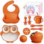 Baby Led Weaning Supplies, Silicone Baby Feeding Set - Baby Bowls and Plates with Suction, Toddler Spoons and Fork, Toddler Cups with Replaceable Lids (Orange)