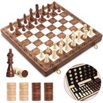 Perbabe Chess Set And Checkers 2 In 1, 16"X16" Wooden Chess Board Game For Kids Adults Travel Chess Set Can Foldable Chess With 2 Extral Queen Gifts For Boys Girls, Birthday, Thanksgiving, Christmas