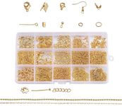 Beadsnfashion Golden Plated Jewellery Finding Material Mix Box, Eyepins, Headpins, Ear Hooks, Bead Caps, Jumprings, Clasps Chains and Cord End for Jewellery Making and Crafts Work