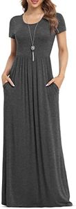 VIISHOW Women's Short Sleeve Loose Plain Maxi Dresses Casual Long Dresses with Pockets（Grey,Small）