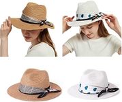 croch Women Wide Brim Paper Straw Panama Roll up Hat Fedora Beach Sun Hat UPF50+ (Natural+ White)