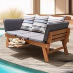 IDZO Amelie Eucalyptus Convertible Outdoor Sofa, 750lbs Capacity Patio Couch with Folding Armrest & Coffee Tray, FSC Certified Wood Furniture Set with 3 Pillows, High Static Load - Gray