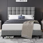 Yaheetech King Bed Frame Upholstered Platform Bed with Adjustable Square Tufted Headboard/Linen Fabric/Sturdy Wooden Slat Support/No Box Spring Needed, 5ft King Bed Light Grey