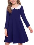 Arshiner Girl Navy Blue Dress Long Sleeve School Party Dress Solid Skater Cotton Twirl Dress Size 12