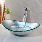 Washly Bathroom vessel sink, Artistic Tempered Glass Oval Vessel Sink Above Counter with Chrome Faucet and Pop-up Drain Combo, Silver