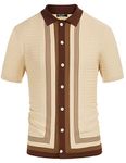 PJ PAUL JONES Men's Vintage Stripe Knit Polo Shirts Short Sleeve Stylish Button Down Cardigan Sweater, Beige-short Sleeve, Large