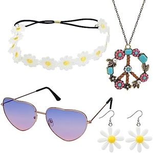 Hippie Donne Accessori Set 4Pcs 70s Fancy Dress per le donne tra cui Vintage Hippie Occhiali Fiore Corona Fascia Pace Segno Collana Orecchini per uomini donne 60s 70s Party Supplies (set 2)