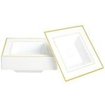 MATANA 60 Premium White Square Plastic Bowls with Gold Rim, 360ml - Sturdy & Reusable - Soup, Dessert Bowls for Weddings, Birthdays, Picnic, Buffet, Catering, Parties