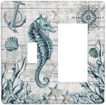 Seahorse Kelp Compass Anchor on Wooden Board 2 Gang Single Toggle Rocker Combination Light Switch Cover Decorative Wall Plate Cover Electrical Faceplate Switchplate for Country Bathroom Bedroom Decor