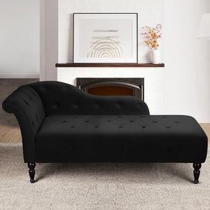 60.6 Inch Upholstered Chaise Lounge with Left Armrest, Button Tufted Lounge Sofa, Velvet Button-Tufted Chaise Lounge Chair Leisure Sofa Chaise Chair for Bedroom, Living Room and Office, Black