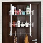 LUCYCAZ Over Door Hanger, Over Door Hooks with 5 Hooks and 2 Mesh Deep Basket, Over The Door Hanger Storage Rack for Bathroom Kitchen Bedroom Hanging Door Storage (White)