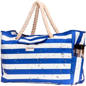Beach Bag XXL. 100% Waterproof. L22"xH15"xW6" (56x38x15cm) w Rope Handles, Top Magnet Clasp, Outside Pockets. Dark Blue Stripes Shoulder Beach Tote Has Phone Case, Built-In Key Holder, Bottle Opener