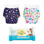 superbottoms Basic - 2 Reusable Cloth Diaper (Assorted) For Babies & Pack Of 40 Xtrahydrating Wipes Free | Unscented Baby Wipes, 3.5X | Adjustable Organic Diapers For Day Time (With 2 Quick Dry Pad)