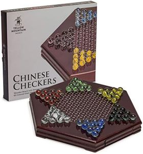 Yellow Mountain Imports Chinese Checkers, Halma Wooden Game Set (12 inch Set) - Built-in Storage Drawers - with Cherry Colored Finish & 6 Multi-Colored Marble Set, 14mm