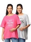 The Mom Store Mom T-Shirt | Cotton | Pre and Post Pregnancy | Quirky Statements | Comfortable | Oversized | Pack of 2 | Fuchsia & Grey | 2XL