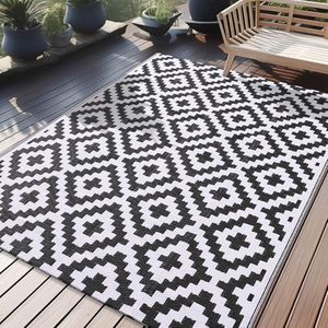 150x245cm Waterproof Outdoor Rug, Reversible Plastic Straw Patio Rug for Camping, RV Mat Outside, Indoor Outdoor Carpet for Porch, Deck, Backyard, Camper, Balcony, Picnic, Black (Black & White)