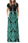 WNEEDU Women's Maxi Dress Summer Short Sleeve Casual Long Dresses with Pockets（Black Green,2XL）