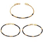 JHB Golden Gold-Plated Brass Bracelet 3 pis Combo for Women (Black Bead Hand Mangalsutra Bracelet)