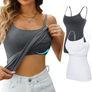 V FOR CITY Shelf Bra Camisole for Women Adjustable Spaghetti Strap Tank Tops Basic Cotton Built in Bra Undershirts 2 Pack Gray White