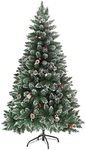 6ft Artificial Christmas Tree Flocked Snow Trees PVC Fraser Fir ,for Chritmas Home Decoration with Decor Pine Cones, Berries, Metal Hinge& Foldable Base, for Xmas Holiday, Indoor, Office, Easy Set Up