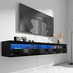 EXQUAL Floating TV Stand, Wall Mounted TV Shelf with Led Lights & Power Outlet, 71" Modern Entertainment Center Media Console with Storage, High Gloss TV Cabinet for 65/75/80 inch TV (Black)