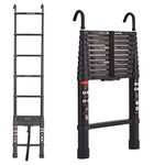 10.5ft Step Ladder Aluminum Telescoping Ladder with Detachable Roof Hooks, Black, 330lbs Load Capacity, Heavy Duty Portable Collapsible Folding Ladder 11 Steps Adjustable Height, Space Saving