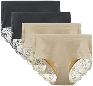 LIQQY Women's 4 Pack Combed Cotton Breathable High Rise Lace Full Coverage Brief Panty Underwear (XX-Large, Black/Nude)