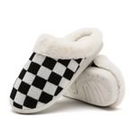 Guyarns Fuzzy Slippers Women,Mens Slippers Soft Memory Foam Knit House Bedroom Slippers Non-slip Warm Fleece Lined Checkered Slippers Indoor Outdoor(Black,7/8 UK)