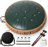 Orifesio Rain Drum for Garden, 13 Inch 15 Notes Steel Tongue Drum D Major, Handpan Drum with Music Book, Drumsticks and Carry Bag, Percussion Instrument for Musical Education Meditation Yoga, Green