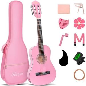 BESYOU 30 Inches Pink Beginner Acoustic Guitar Student Kids Guitar with Basic Starter Kit Tuner Bag Capo Strings Winders Strap Picks Pickguard with Gig Bag Pink Color