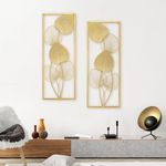 AOTISBAO Home Metal Wall Decors Set of 2 Golden Metal Art Wall Sculptures Ruffled Fan Palm Leaf Wall Hanging Decors with Frame for Living Room Bedroom Study Room Home Office (32" X 12")