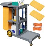 YITAHOME Janitorial Cart Cleaning Cart on Wheels, Gray Housekeeping Cart, 3 Shelf Commercial Plastic Janitor Cart, with 2 Yellow 25 Gallon Vinyl Bag & Rubber Gloves for Restaurant Hotel Home