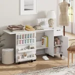 GarveeHome Large Folding Sewing Table, Multipurpose Craft Table with Storage, Craft Cart with Sliding Drawer, Sewing Cabinet with Storage Shelves