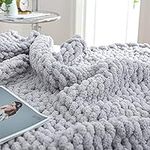 Bigacogo Chunky Knit Blanket Throw 40"x40", 100% Hand Knitted Chenille Throw Blanket, Small Soft Thick Yarn Cable Knit Blanket, Cute Rope Knot Crochet Throw Blankets for Couch Bed Sofa (Light Grey)