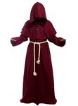 Friar Medieval Hooded Monk Renaissance Priest Robe Costume Cosplay, Burgundy, Medium