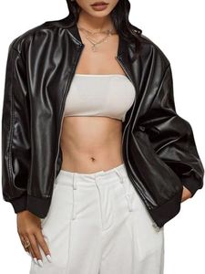 MakeMeChic Women's Faux Leather Jacket Oversized Zip Up PU Leather Varsity Bomber Jackets Outerwear Black XL