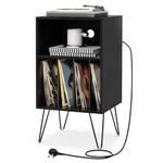 COSTWAY Record Player Stand with Charging Station, Turntable Stand End Sofa Side Table with 5 Shelves & Cable Hole, Albums Vinyl Record Storage Cabinet Holder for Living Room Bedroom (Black)