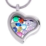 RUBYCA Living Memory Glass Locket Necklace 12 Heart Crystal Birthstones Floating Charms Silver Tone