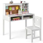 COSTWAY Kids Desk and Chair Set, Wooden Children Study Table with Hutch, Cork Board, Storage Shelves, School Students Workstation for Studying, Reading and Drawing (White)