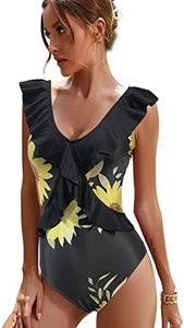 JFAN Trajes de Baño de Una Pieza para Mujer Monokini Ropa de Baño Cuello en V Floral Volantes Traje de Una Pieza Bikini Bañadore Set Girasol Negro,M