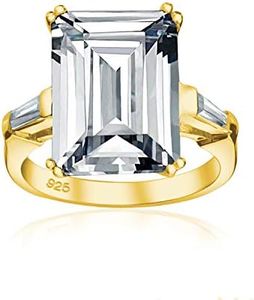 Art Deco Style Bridal Wedding Big 10CT AAA CZ Solitaire Emerald Cut Statement Engagement Ring For Women .925 Sterling Silver 14K Yellow Gold Plated Cubic Zirconia Baguette Side Stones