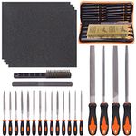 Glarks 25Pcs Hand Metal File Set Include 4Pcs Flat/Triangle/Half-round/Round Large File, 12pcs Needle Files, 1 brush, 4pcs Sandpaper and 4 Way Wood Rasp File for Shaping Metal, Wood, and Tools