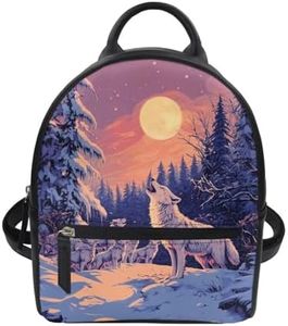 Freewander Backpack for Girls Kids Schoolbag Small Rucksack Travel Backpack with Adjustable Strap and Zipper PU Leather Mini Backpack, Wolf Moon Print