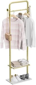 Gold Coat Rack Stand: Metal Clothing Rack with Marble Base Heavy Duty Garment Rack with 2 Shelves and 4 Hooks for for Coats Hats Scarf Jacket Dresses