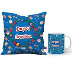 Indigifts IA I Love You Grandma Decorative Coffee Mug and Cushion Cover 12x12 with Filler - Blue - House Warming Gift for Grand Mother on her Birthday Anniversary Grand Parents Mothers Day Home Decor