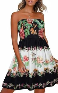 CHICGAL Womens Summer Dresses Strapless Boho Floral Print Sundress Beach Cover Ups(Boho Black Flowers Bloom,S)