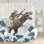 Funny Cat Shower Curtain, Cool Cat Riding Dinosaur Kids Children Bath Curtain, Anime Japanese Ocean Wave Rustic Wooden Farmhouse Bathroom Accessories Boys Girls Bathroom Curtains with Hooks, 72X72IN